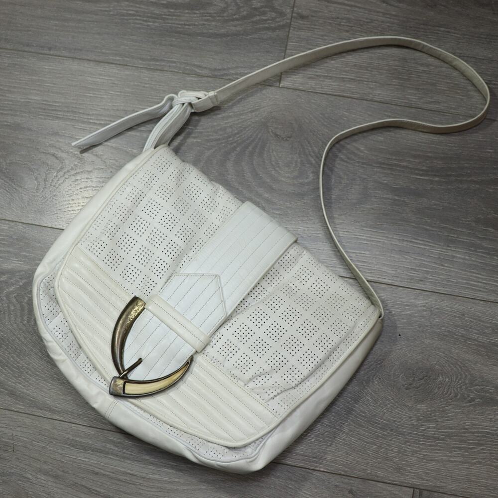 Vtg 80s Sharif Crossbody Handbag M White Perforated Leather Lined Saddle Bag